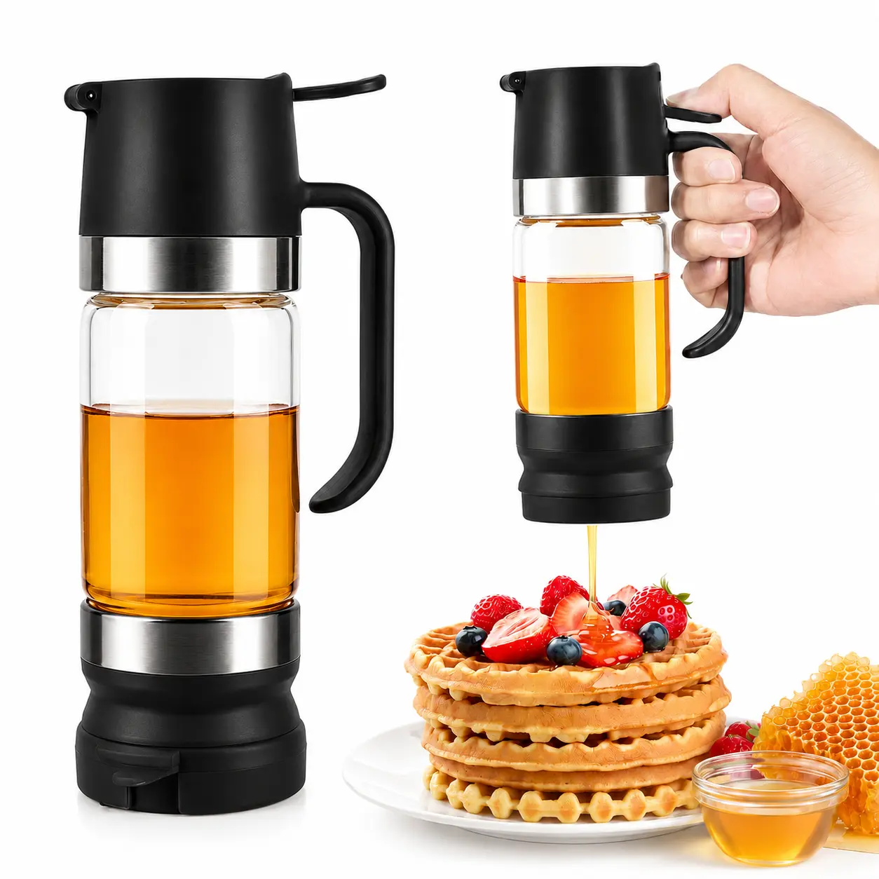 AISOON Round 9oz No-Drip Glass Honey Dispenser with Handle, Leakproof Storage Bottles & Jars for Coffee Station & Maple Syrup, Thoughtful Gift for Pancakes (1 Pack)