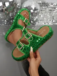 Women's Sequined Buckle Sandals, Adjustable Thick Sole Summer Beach Shoes, Nightclub Style Slip-Ons, Versatile Outdoor Footwear, Glitter Decorated Sandals