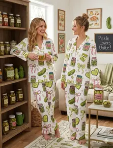 Pickle Print Long Sleeve Pajama Set, Soft Button Down Sleepwear, Cozy Two Piece Lounge Set for Men and Women