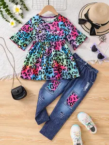 Toddler Girl's Co-ord Set, Casual Fashion Leopard Print Round Neck Top & Denim-Effect Print Pants, Kids Spring & Fall Clothes