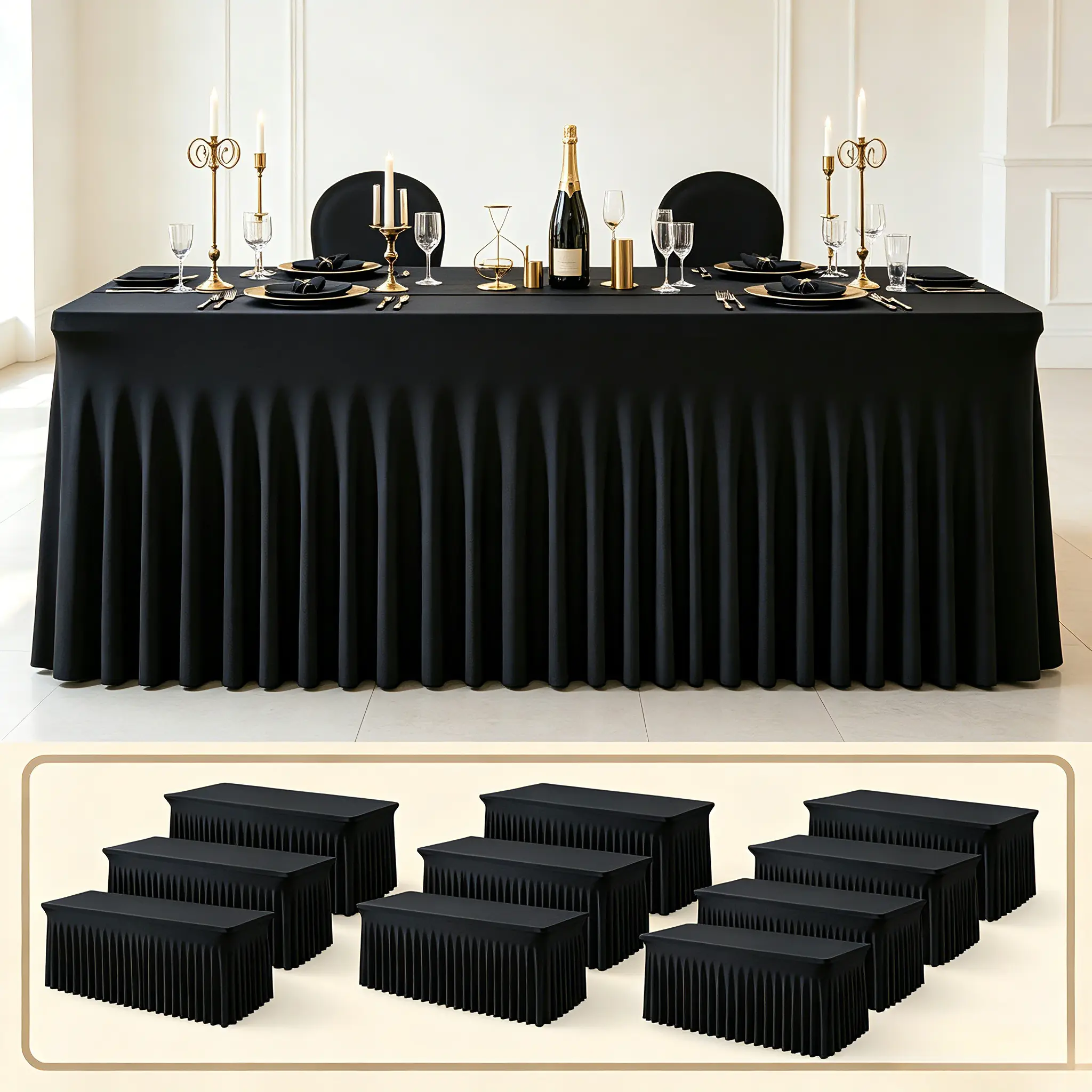 8/6/4FT 10 Pack Pleated Spandex Rectangular Tablecloth, Stretch Fitted Table Cover for 4ft 6ft 8ft Tables, Wrinkle & Stain Resistant Wedding Party Table Decoration