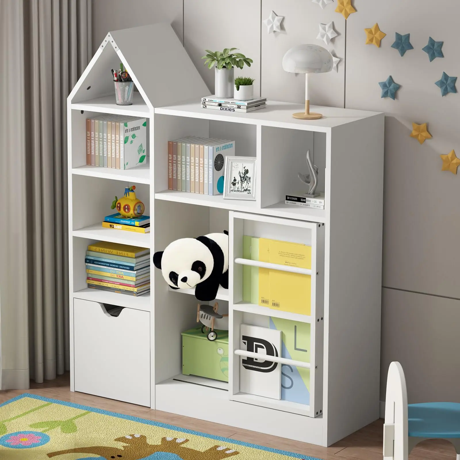 Gaomon 44-in Kids Castle Roof Bookshelf Set - Durable Children's Furniture with 8 Compartments, Storage Cubbies, Removable Drawers, Sliding Door, Floor Chest, Reading Nook, Quick Setup, Assembly Required, Develops Tidying and Sorting Skills