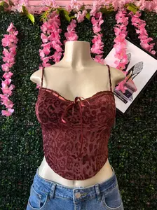 Vintage-Style Burgundy Velvet Animal Print Bustier