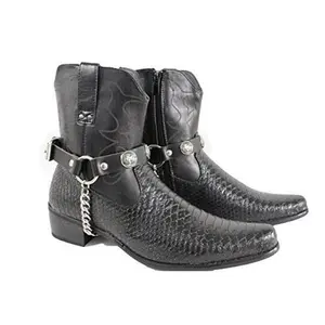 TrendyFashionJewelry Men Biker Jewelry Boots Black Faux Leather Pair Straps Silver Metal Chains Bullafo Bull Charm Shoe Decor Boy Footwear
