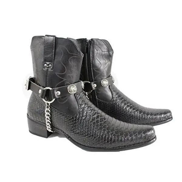 TrendyFashionJewelry Men Biker Jewelry Boots Black Faux Leather Pair Straps Silver Metal Chains Bullafo Bull Charm Shoe Decor Boy Footwear