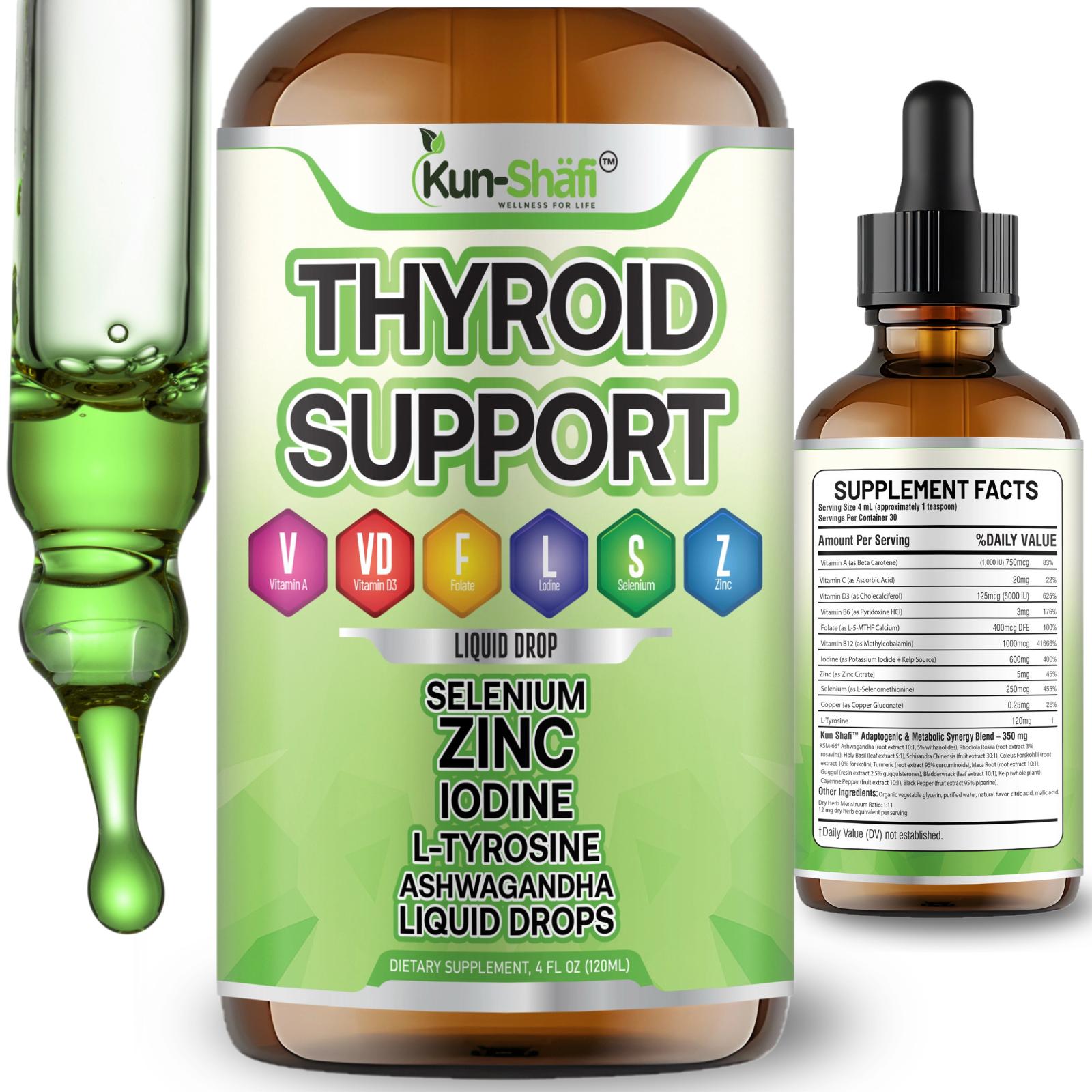 Thyroid Support Liquid Drops with Iodine, Selenium, Zinc & L-Tyrosine | Vitamin A, D3 & Folate | Daily Wellness Formula (4 Fl Oz) Thyroid Support Liquid Drops with Iodine, Selenium, Zinc & L-Tyrosine | Vitamin A, D3 & Folate | Daily Wellness Formula (4 Fl Oz)