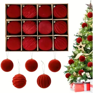 12-Pack 2.36 inch Burgundy Velvet Christmas Ornaments Balls, Hanging Ball Design, Flocked Plastic Balls Christmas Tree Decorations Xmas Hanging Ornaments, Home Decor Ornaments