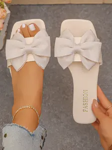 Women's Royal Blue Large Bow Decor Square Toe Flat Slide Sandals, Fashion Statement-Chic Style, Trendy Casual Slides #RoyalBlueShoes, #BowChicSlides, #StatementFashionSlides