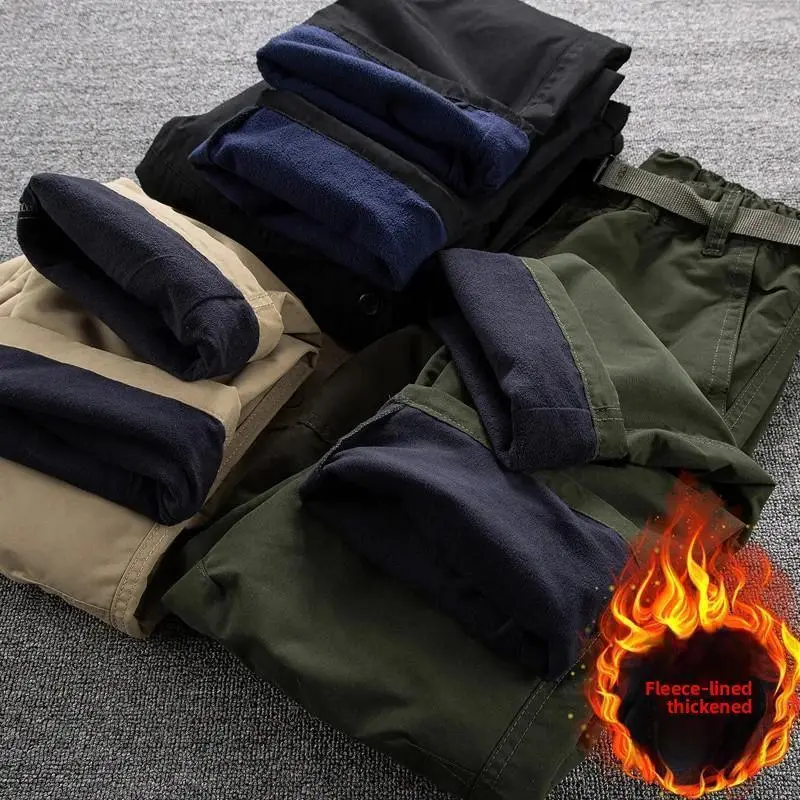 Thickened Single Outdoor Winter Casual Pants Men's Straight Leg Fleece Lined Waterproof Windproof Soft Shell Trousers