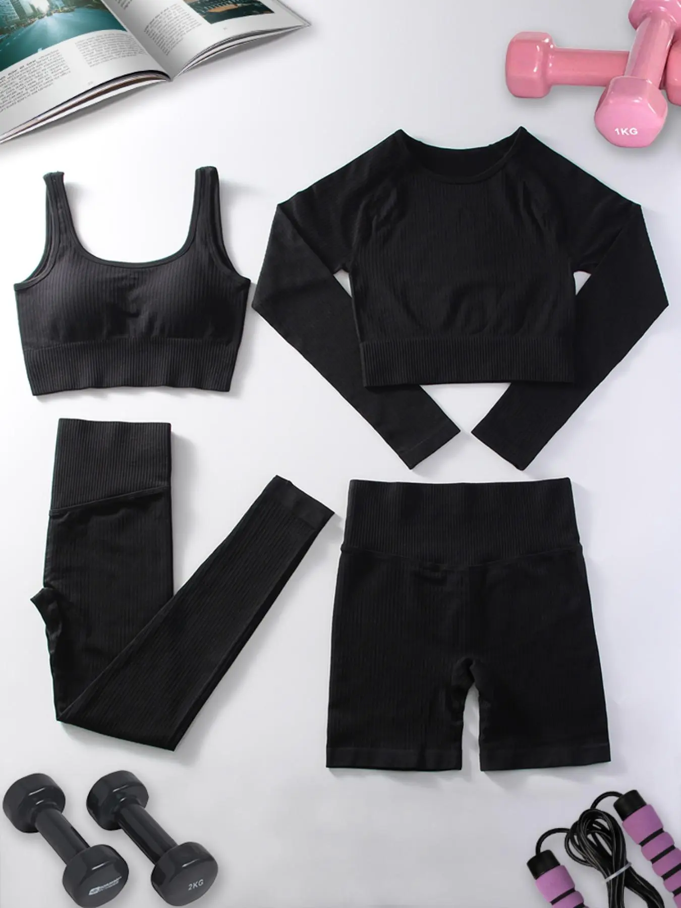 Women's Solid Raglan Sleeve Top & Removable Chest Pad Crop Tank Top & Leggings & Shorts Tracksuit Set, Sporty Breathable Comfy Outfits for Yoga Gym Workout Running, Ladies Sportswear for All Seasons
