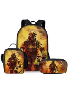 Firefighter pattern printed 17-inch backpack three-piece set (single-layer backpack + shoulder strap lunch bag + single-layer pencil bag)