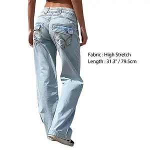 Flamingals Women's Low-Waist Straight Leg Jeans, Stitch Detail, Stretchy Fabric, Comfort Fit