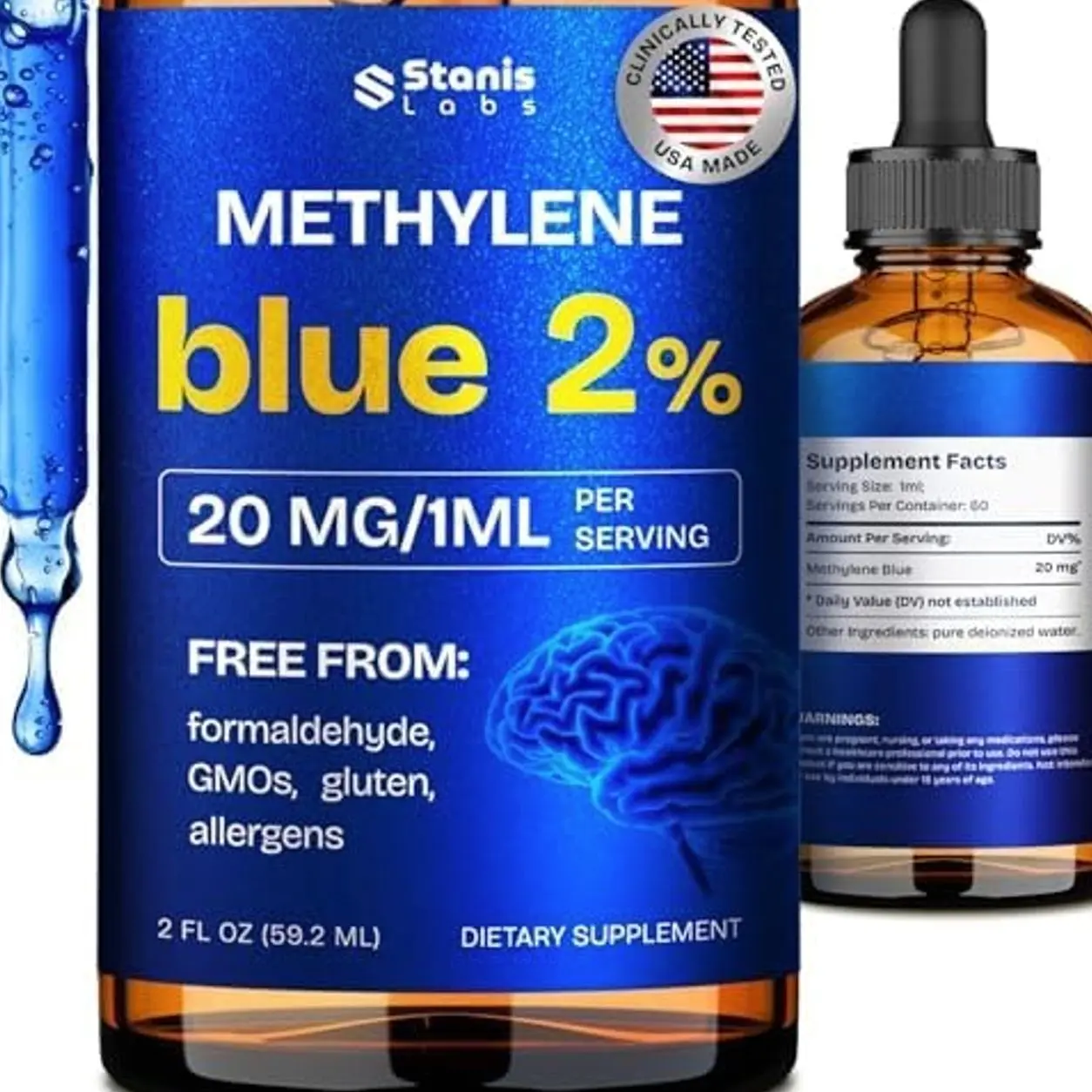 Supreme Methylene Blue Drops 2% (USP Grade) | Brain Supplements For Memory and Focus Fuel | 3rd Party Tested & Ultra High Purity | USA Made Methylene Blue For Humans - 60 Servings, 2 FL.OZ, 1 Pack