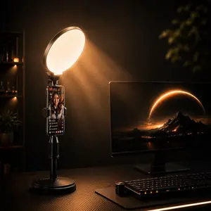 XIX Desk Ring Light with Stand, Full-Screen Selfie Ring Light with Phone Holder, Adjustable Laptop Light for Video Recording, Zoom Meetings, Live Streaming, Podcasting, Smartphone & Camera Content Creation, 3 Color Modes, 10 Brightness Levels