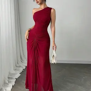 Women's One-Shoulder Ruched Burgundy Maxi Dress for Evening Party
