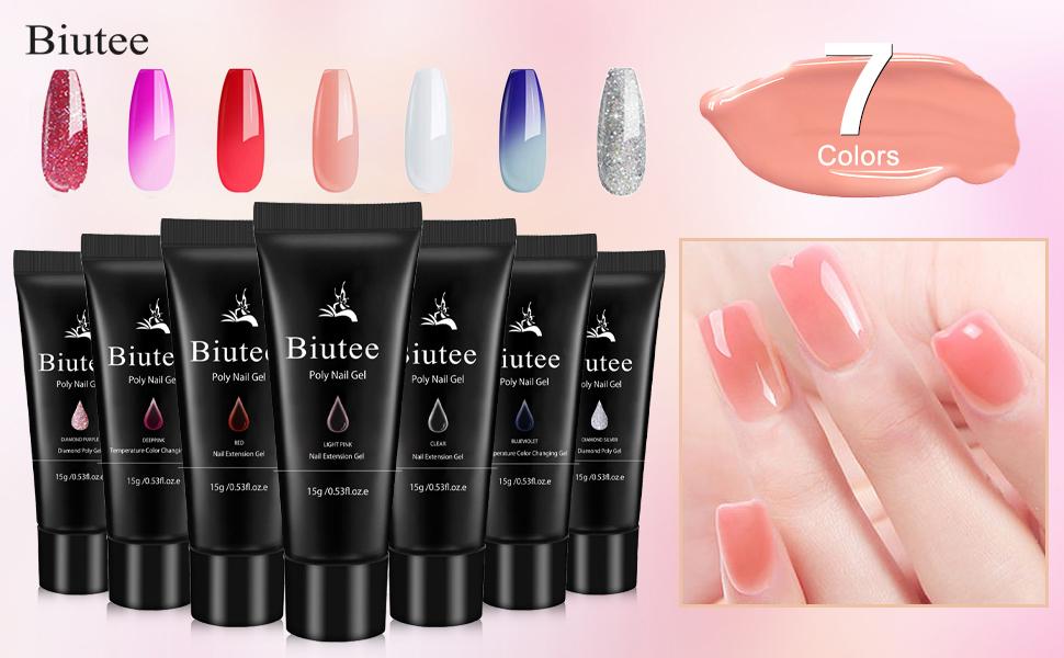 Biutee Poly Extension Gel Set - 7 Colors Glitter & Mood Change Nail Enhancement Kit | Professional DIY Home Manicure Set