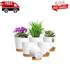 4 inch Self Watering Plastic Pots for Plants with Drainage Holes and Saucers, 6 Pack, White Brown