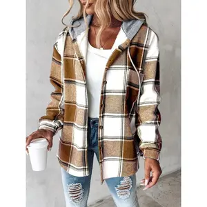 [Plaid Shacket] Warm Plaid Long Sleeve Shacket - Button Fleece Lined Hooded Jackets Coat Fabric Womenswear cottagecore outfits orange Polyester Tops Fitted Outerwear