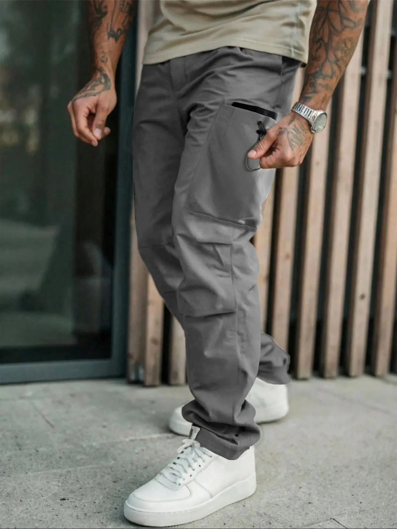 Men's Solid Multi-pocket Cargo Pants, Casual Sporty Trousers, Regular Fit Casual Streetwear Drawstring Waist Trousers for Daily Wear, Mens Bottoms for All Seasons, Casual Street Style