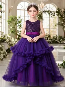 Girls' Christmas Party Dress, Elegant V-Neck Sparkle Gown, Butterfly Theme Flower Girl Dance Dress, Perfect for Birthday & Graduation, Ruffle Trim Dress, Sparkly Glitter Dresses