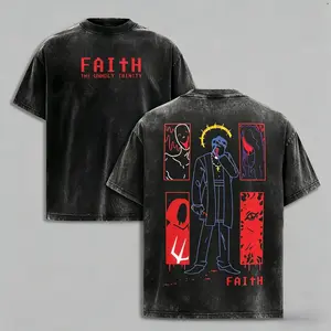 Men's Vintage Washed Heavyweight Cotton Horror Game Short-Sleeve Round Neck T-Shirt - Unisex Retro Pixel Exorcist Graphic Menswear Streetwear Top, Comfort Color Faith Tee, Ideal XL Gift (Other Patterns)