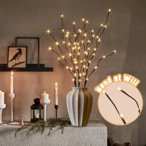 Brown Willow Branches 20'' 2*20LED 2AA Battery Operated, Tree Branch with Warm White Lights for Room Decor, Holiday Christmas Decoration Indoor (VASE Included)
