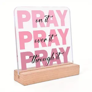 Pray Over It Desk Acrylic Decor with Wood Stand, Inspirational Bible Verse Desk Sign, Christian Gifts for Coworkers Colleague, Home Living Room Table Decorations