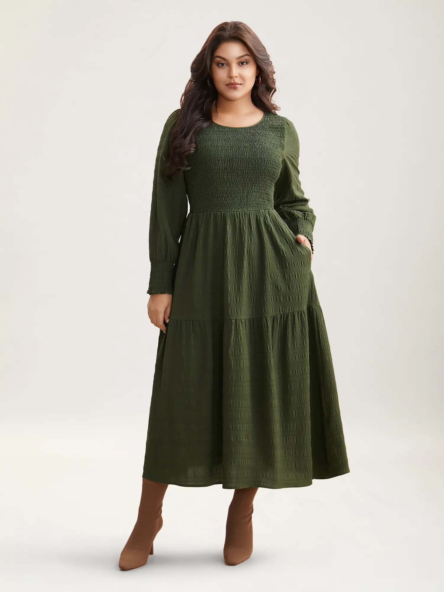 BloomChic Women's Plus Size (M-6X) Solid Minimalist Lantern Sleeve Smocked Midi Dress - Breathable Polyester-Elastane Blend Pullover, Round Neck, Side Pocket, Regular Fit, Cold Wash, Cool Iron, Flowy Flattering Casual Dresses
