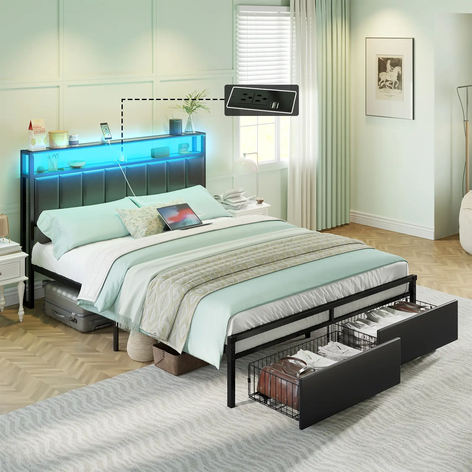 AMERLIFE LED Bed Frame with Drawers, Platform Bed Frame with 2-Tier Storage & Leather Upholstered & Charging Station Headboard, No Box Spring Needed