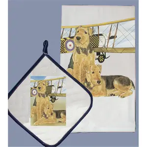 212 MAIN Pipsqueak Productions Cotton Airedale Breed Kitchen Dish Towel and Pot Holder Set - Absorbent, Decorative Home Care Supply, Ideal Gift