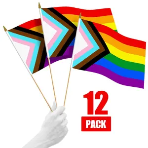 G128 12 Pack Handheld LGBT Progress Rainbow Pride Stick Flags | 12x18 In | Printed 150D Polyester, Country Flag, Solid Wooden Stick, Spear Gold Tip