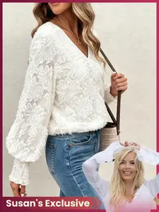 Women's V Neck Lantern Sleeve Embroidered Blouse Shirt, Fitted Plain Casual Long Sleeve Top, Spring & Fall Fashion, Susan's Exclusive Design