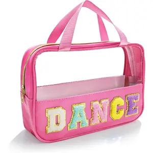 Fashion clear toiletry bag with letter patches, thoughtful gift for female users Convenient handle and zipper design travel and daily makeup storage