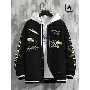 Men's & Women's Cartoon Bear Print Baseball Jacket, Street Style Fitted Design, Fall Winter Casual Wear, Trendy Daily