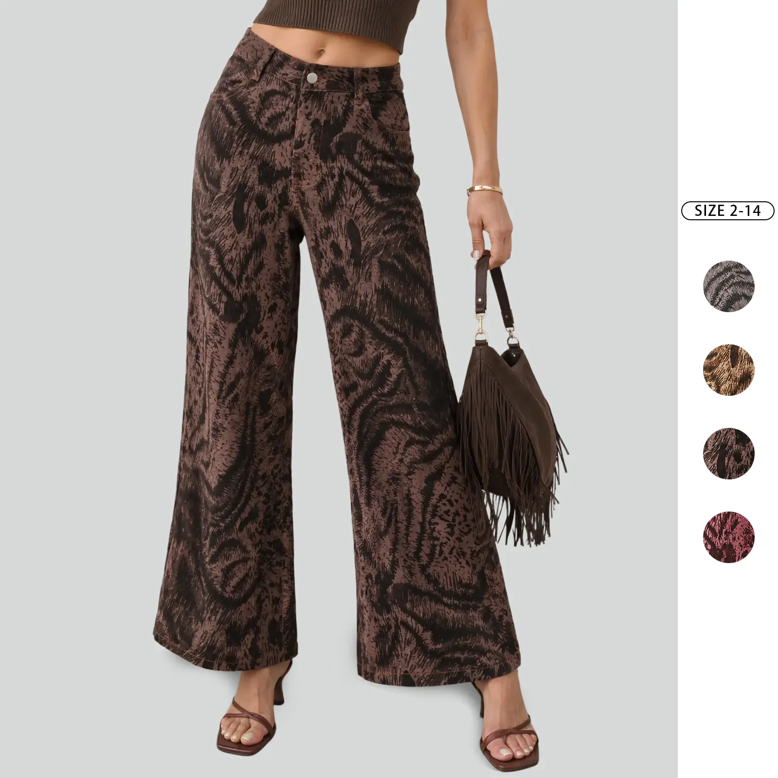 Imily Bela Women's High Waist Abstract Leopard Print Wide Leg Jeans Stretch Casual Denim Pants