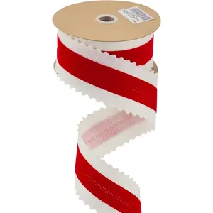 Christmas Felt Ribbon 2.5 Inch Wired, 10 Yards White With Red  Middle Rickrack Cutout for Tree Decoration, Topper Bow, Garland