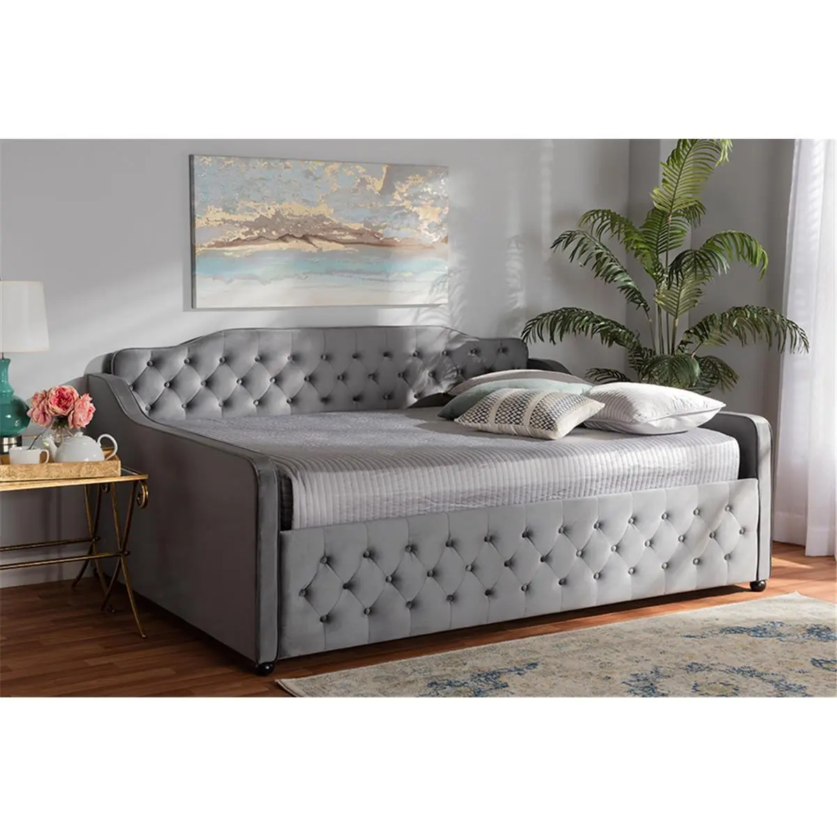 Baxton Studio Freda Queen Size Grey Velvet Daybed - Transitional & Contemporary, Fabric Upholstered, Button Tufted, Soft Texture Sofas & Couches