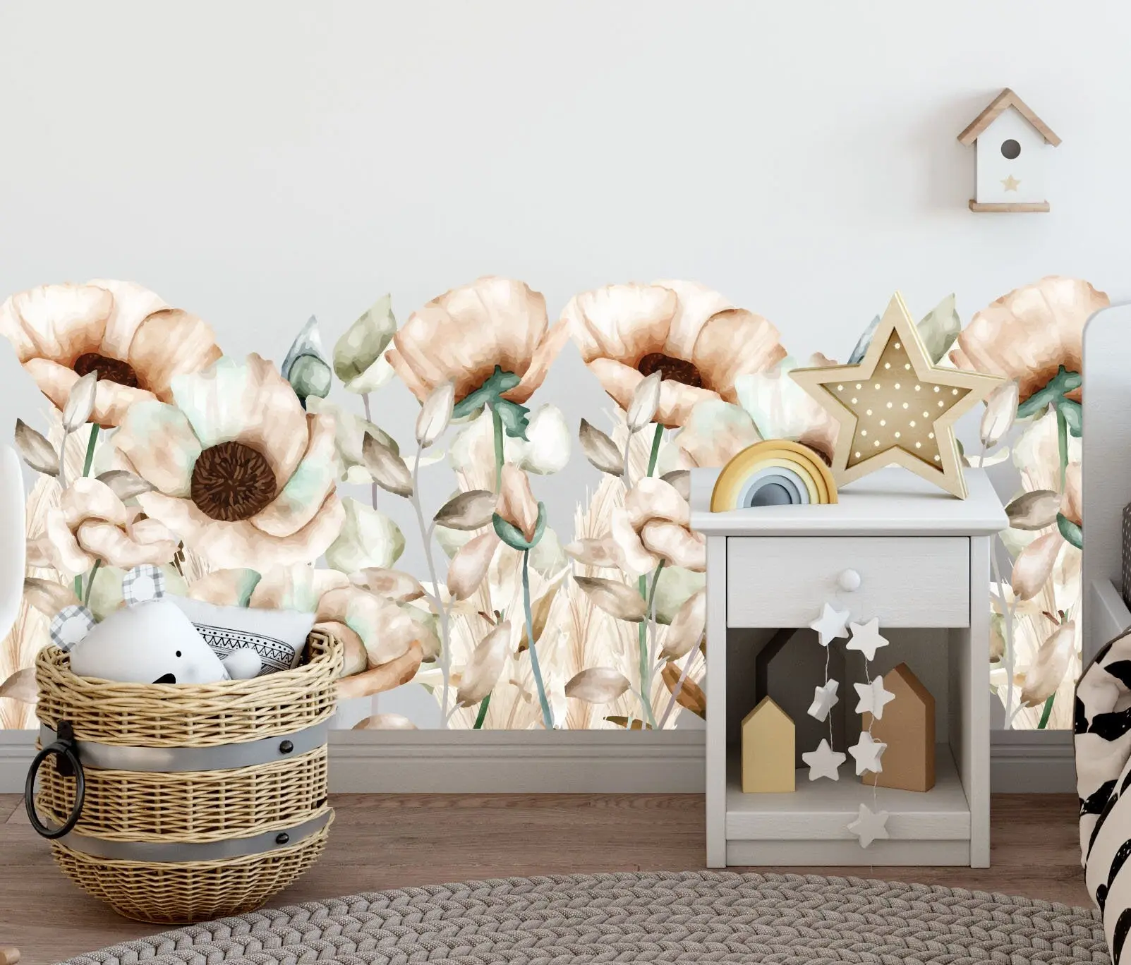 Beige Neutral  Poppy, Eucalyptus Flowers Wall Stickers Calm Floral Border Leaves Decals Bathroom Bedroom Nursery Decor, LF557