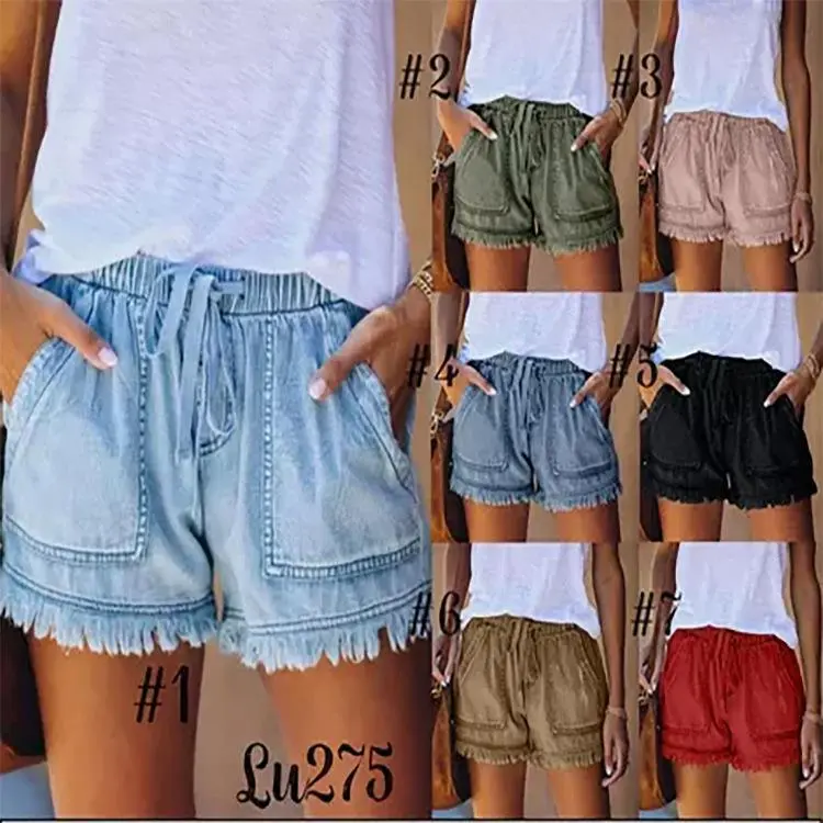 Jean Shorts for Women's Drawstring Elastic Waisted Casual Denim Shorts with Pocket Tassel high waist denim short Plus Size Women's Pants White Baggy