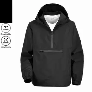 Men’s half-zip hooded pullover softshell jacket, lightweight breathable fabric with slight stretch, waterproof front zippered pocket, drawstring hood brim cuffs, windproof jacket for outdoor commuting, available in multiple colors.