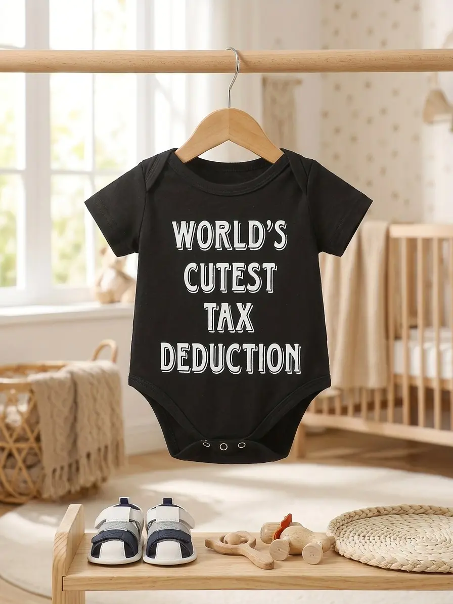 PUEMCO Baby Short‑Sleeve Bodysuit, “World’s Cutest Tax Deduction” Funny Slogan Infant Romper Crew Neck One‑Piece Jumpsuit