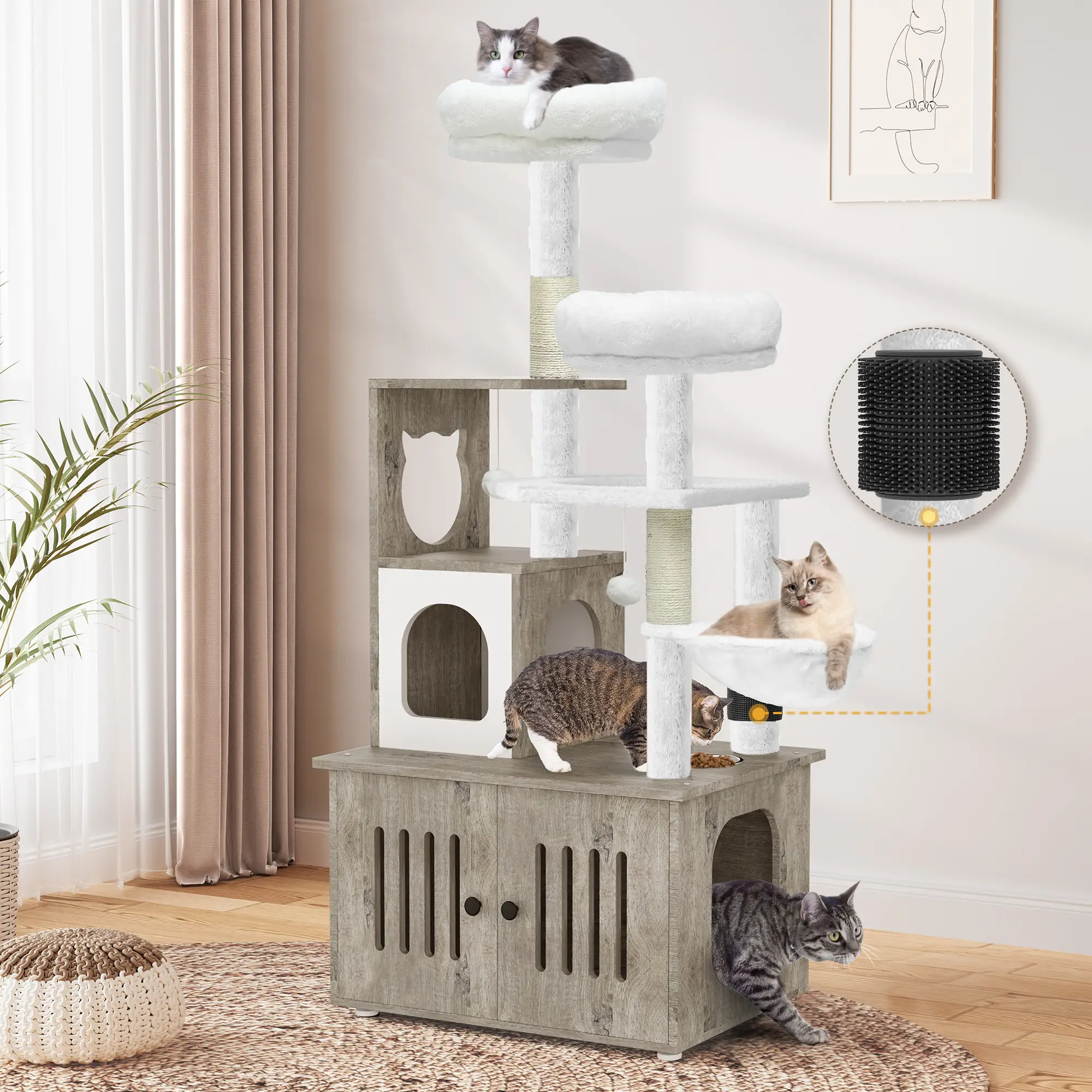 DWVO Cat Tree with Litter Box Enclosure, 2-in-1 Cat Furniture, Modern Cat Condo, Indoor Cat Tower with Wood House, Perch, Food Station, Hammocks, Scra