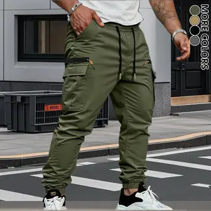 Men's cargo pants, tapered ankle and crimped design - durable non-elastic casual outdoor pants for everyday use, fake zipper, Velcro