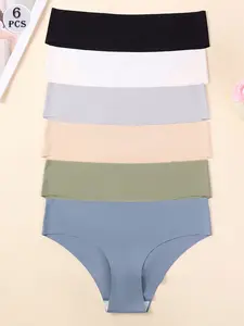 Women's Triangle Panties Set of 6, Pure Cotton Breathable Ice Silk Smooth Seamless Low Waist Underwear, Simple Solid Color Comfort Fit