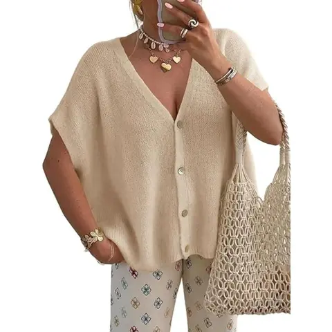 Imily Bela Womens Summer Oversized Cardigans Batwing Short Sleeve Lightweight Button V Neck Casual Knit Sweater Tops