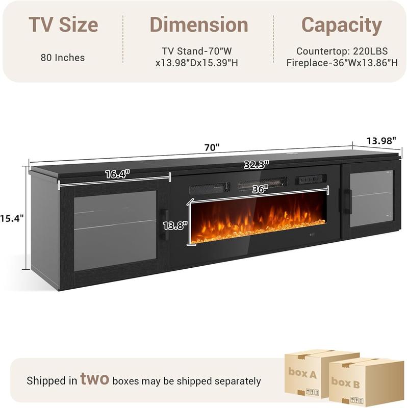 【Ships 2 Packages】oneinmil 70" Floating TV Stand with 36" Electric Fireplace, High Gloss Finish Wall Mounted Fireplace Entertainment Center with Storage for TVs Up to 80", Black TV Stand and Black Fireplace