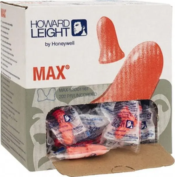 Howard Leight MAX-1 Disposable Uncorded Contoured & Bell-Shaped Earplugs, 33 dB Noise Reduction, Assorted Colors, 200 Pairs (1 Pack) for Home Improvement Work Safety