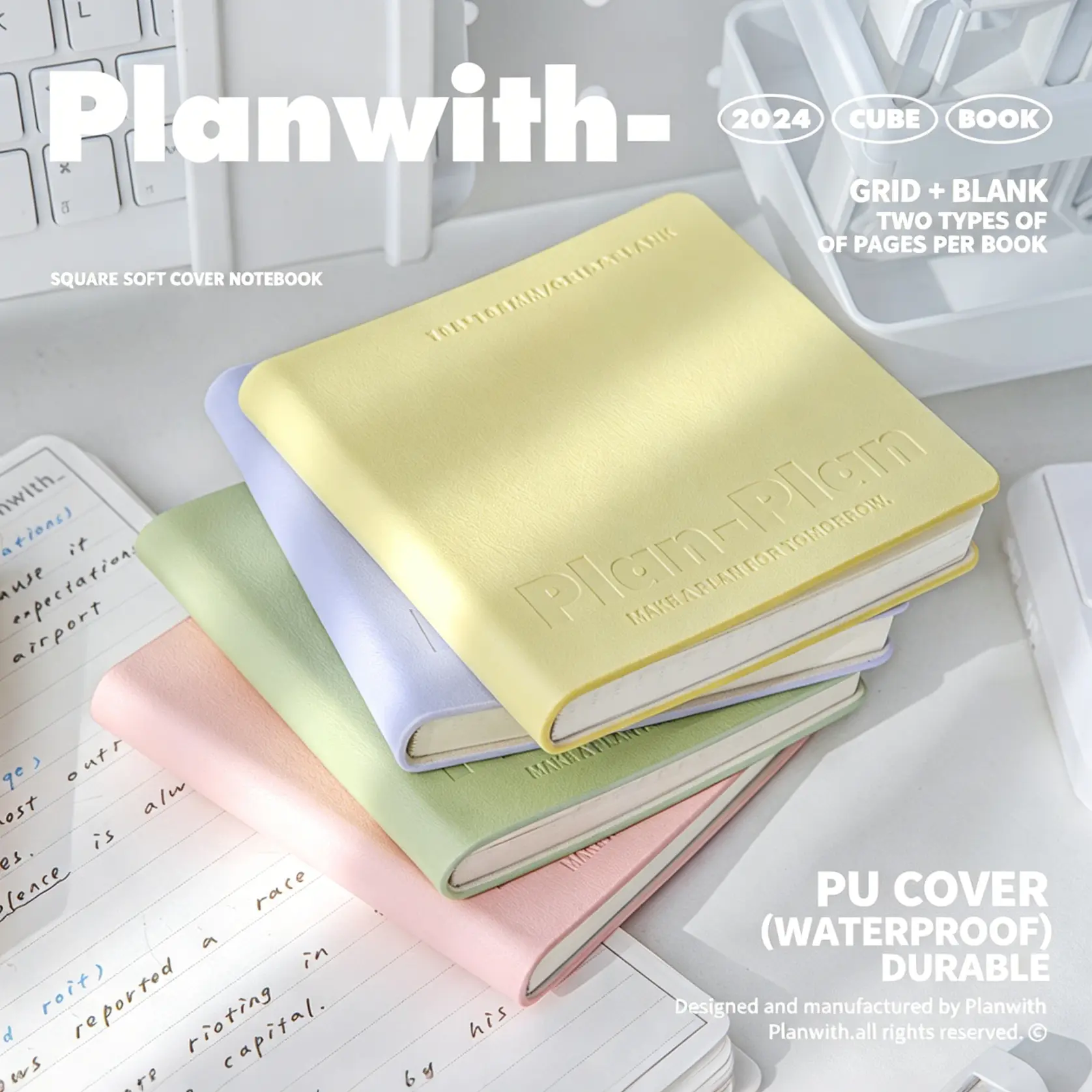 Mini Square Morandi Pastel Notebook, Waterproof Embossed PU Cover Journal with Grid & Blank Pages