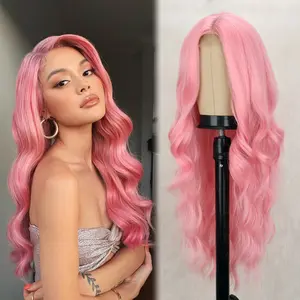 LINGHANG Long Pink Wigs for Women 26 Inch Long Curly Wig Natural Looking Synthetic Heat Resistant Fiber Pink Wavy Wig for Daily Party Halloween Use(Pink)