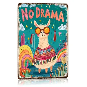 Llama Pattern Vintage Metal Sign, No Drama Llama Wall Art, Wall Decor for Home Living Room Bedroom Office, Room Decor, Home Decor